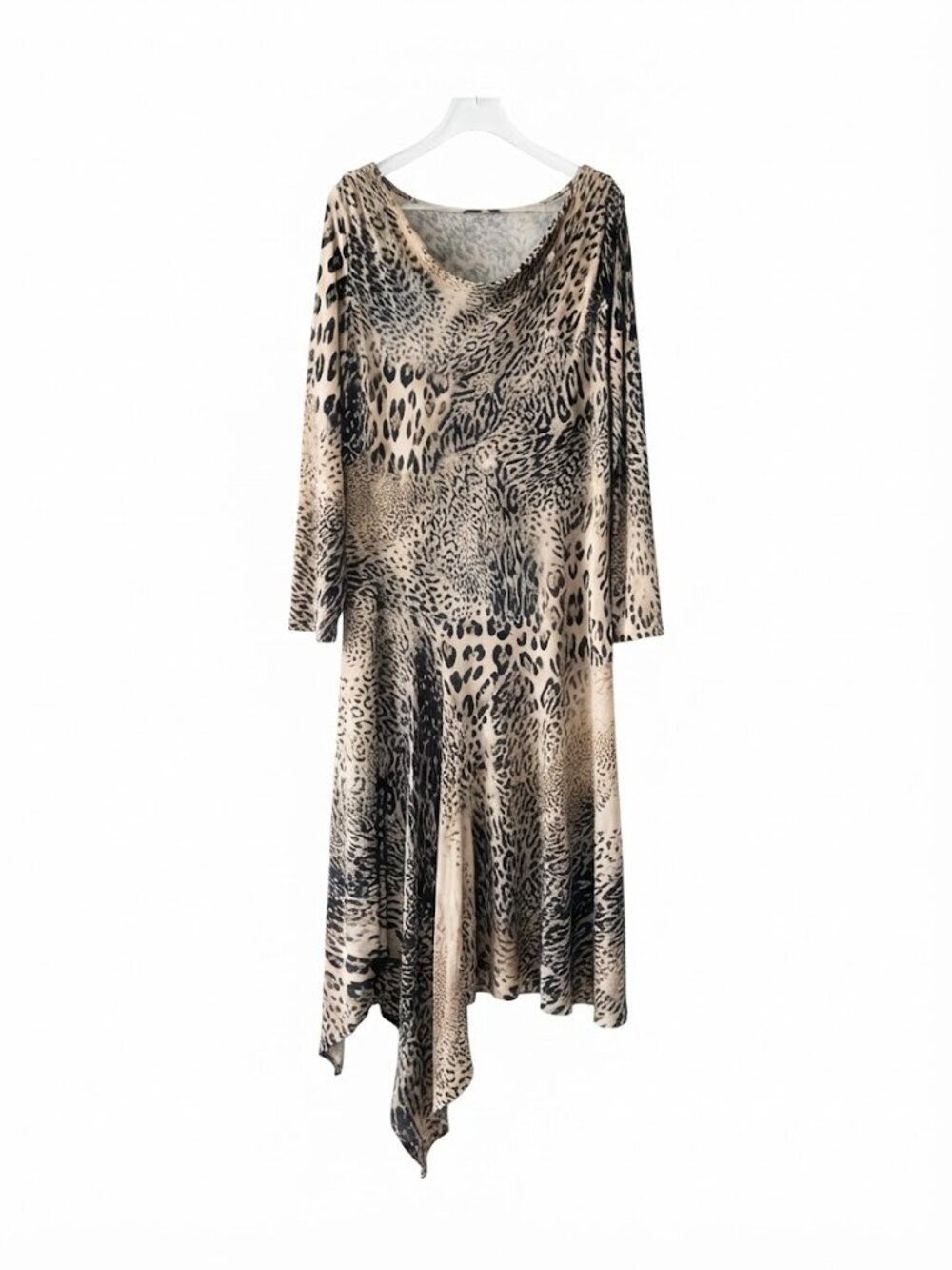 Paul Brial Asymmetrical Animal-Print Long Sleeve Midi Dress Beige Black US 4